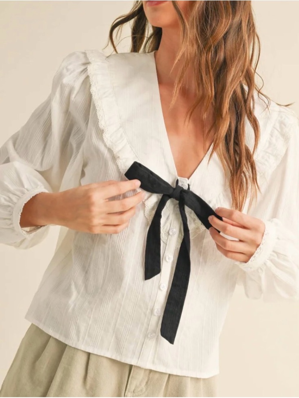 Miou Muse White Ruffle Collar Button-Up Top with Black Bow